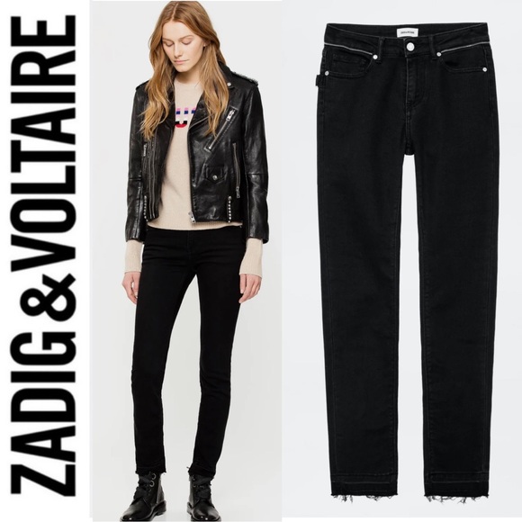Zadig & Voltaire Paris Eva Zip Jeans Raw Released Hem Slim Skinny Black 27 - Picture 1 of 16